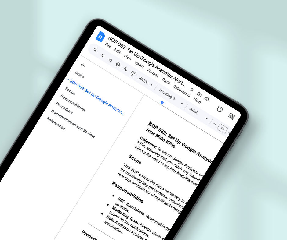 An image for a fake blog post titled SOP 082: Set Up Google Analytics Alerts to Monitor Your Main KPIs