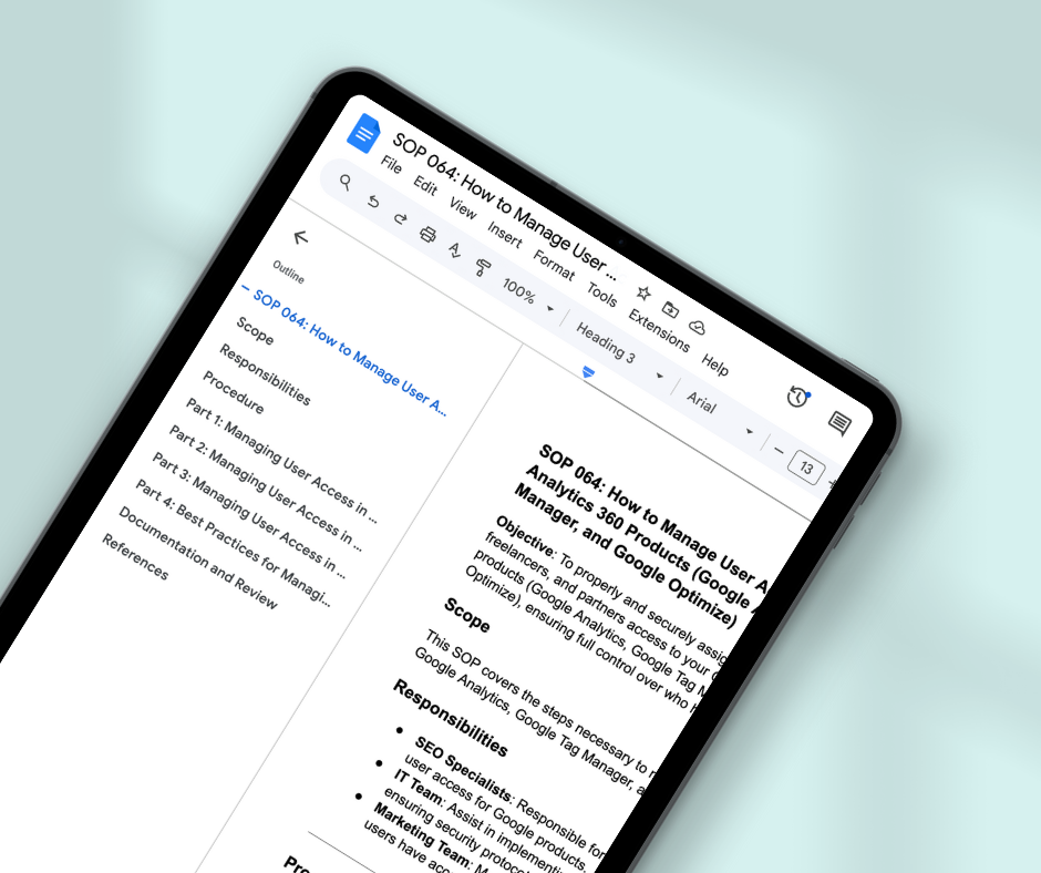 An image for a fake blog post titled SOP 064: How to Manage User Access for Google Analytics 360 Products (Google Analytics, Google Tag Manager, and Google Optimize)