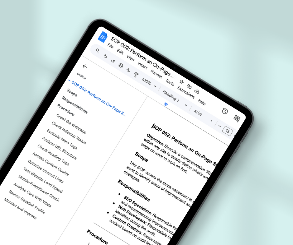 An image for a fake blog post titled SOP 002: Perform an On-Page SEO Audit on a Page