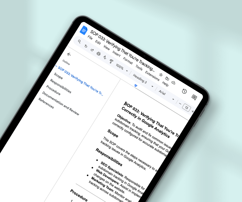 An image for a fake blog post titled SOP 033: Verifying That You're Tracking Subdomains Correctly in Google Analytics
